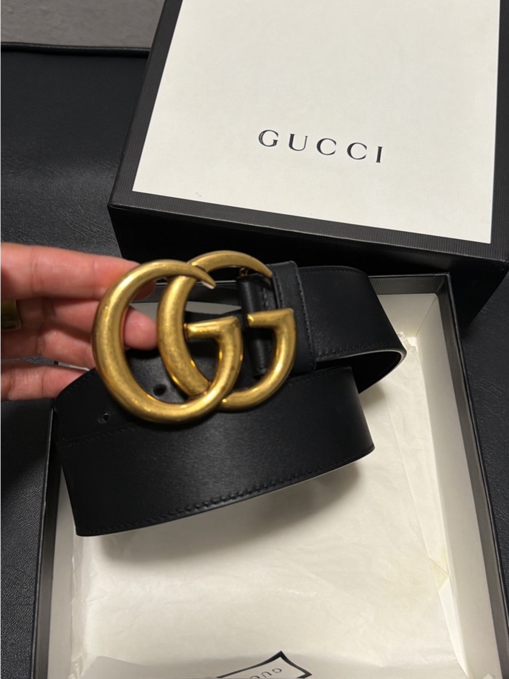 Gucci Black Leather Belt with Gold Double G Buckle